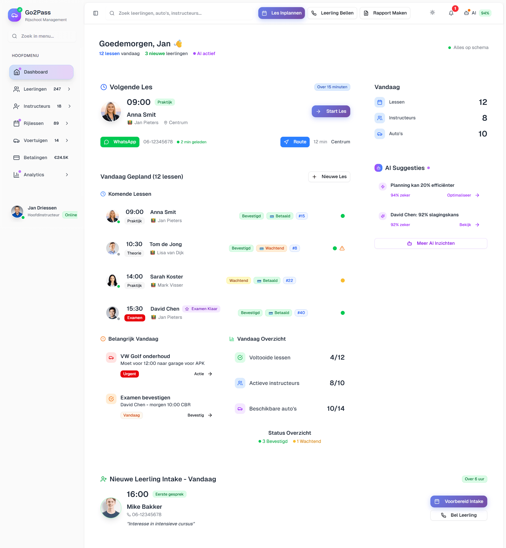 Voorbeeld van een rijschool-dashboard. Plan een gesprek om uw case te bespreken.